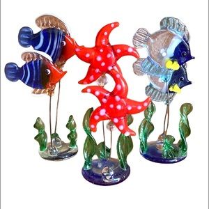 Hand Blown Art Glass Figurines Fish, Starfish With Seaweed Set Of 3 Approx 3.25”